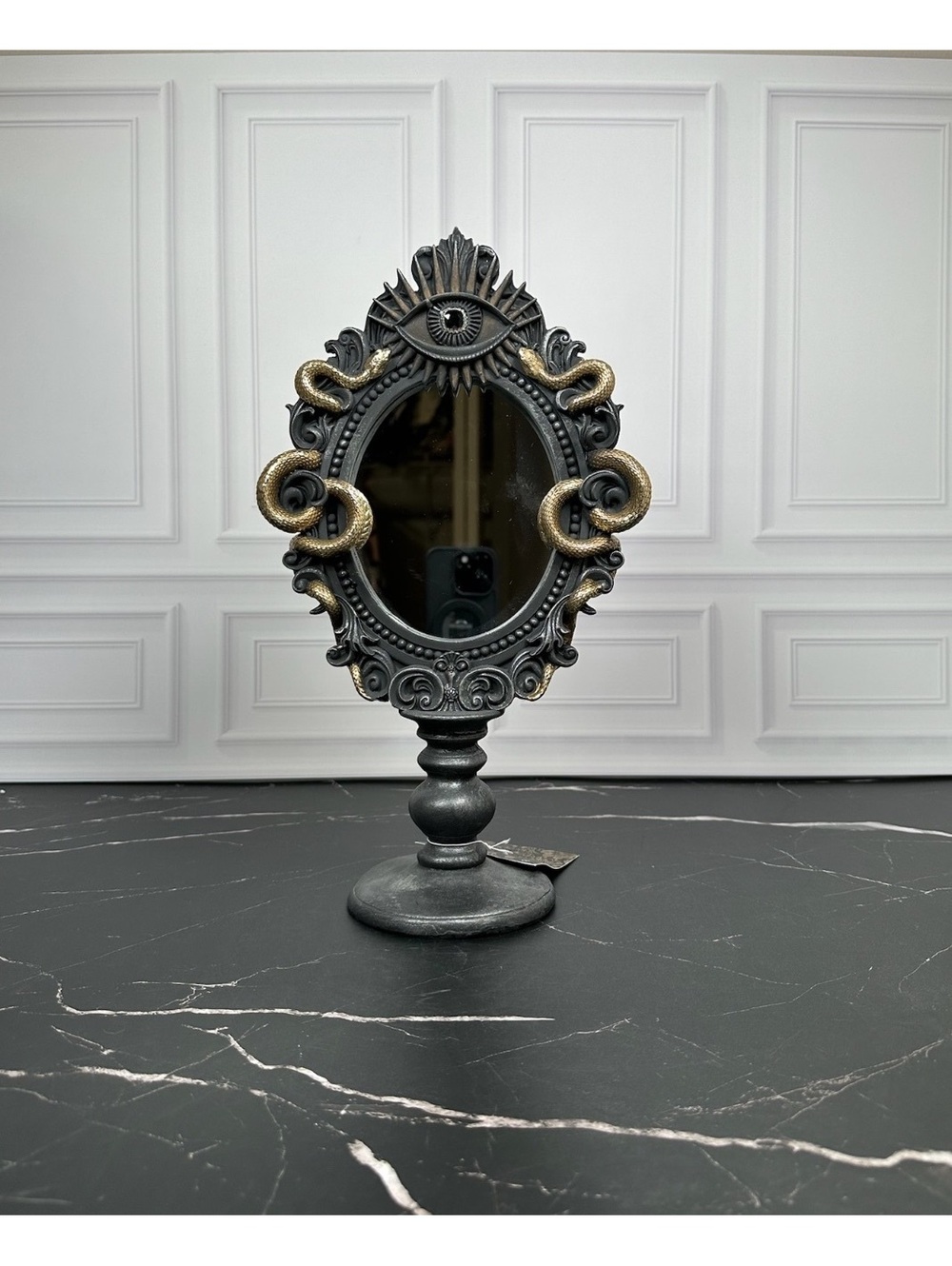 Decorative Gothic Black and Gold Eye Table Mirror with Snake Detail